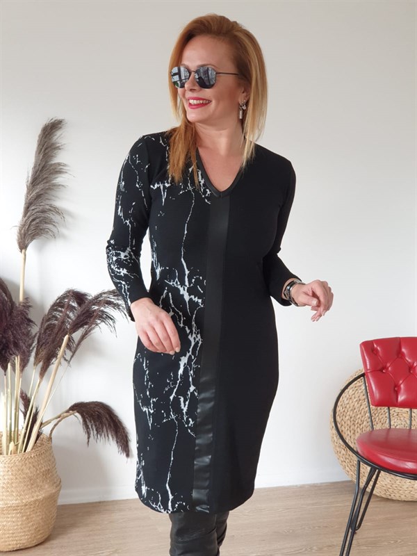 FELİX7501 Siyah Mermer Desenli Elbise