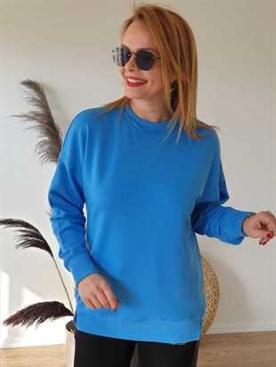 FELİX7718 Mavi Yuvarlak Yaka Basic Sweatshirt