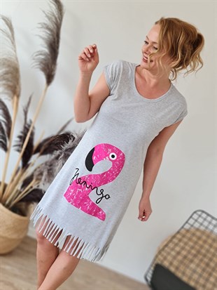 FELİX8245 Etek Ucu Püsküllü Flamingolu Gri Ev Elbisesi