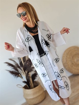 FELİX8508 Siyah Göz Baskılı Beyaz Kimono Ceket