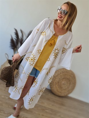 FELİX8509 Hardal Sarısı Göz Baskılı Beyaz Kimono Ceket