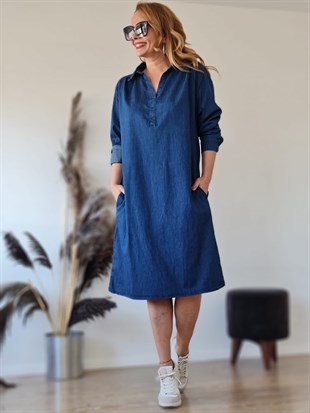 FELİX8913 Katlama Kol Yakalı Tensel Mavi Kot Elbise