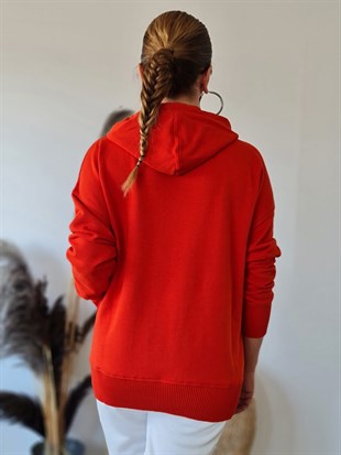 FELİX8986 Triko Detaylı Kapüşonlu Kırmızı Sweatshirt