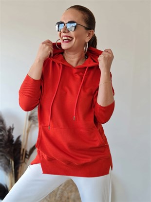FELİX8986 Triko Detaylı Kapüşonlu Kırmızı Sweatshirt