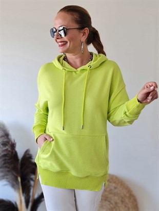 FELİX8987 Triko Detaylı Kapüşonlu Neon Yeşil Sweatshirt