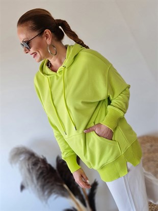FELİX8987 Triko Detaylı Kapüşonlu Neon Yeşil Sweatshirt