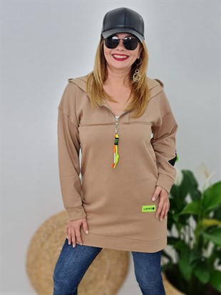 FELİX9303 Yaka Fermuarlı Neon Detaylı Camel Tunik-Sweatshirt